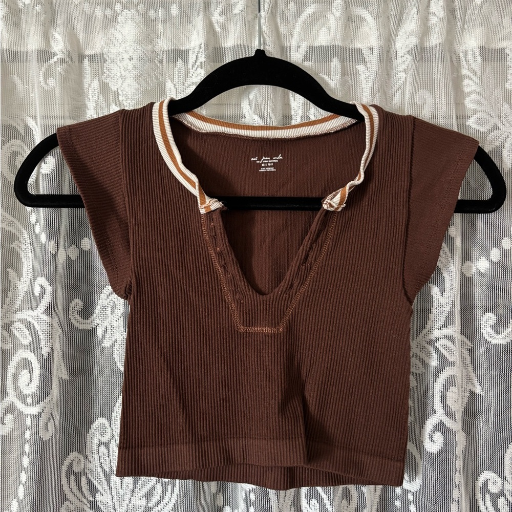 Brown Ribbed V-Neck Women's Top